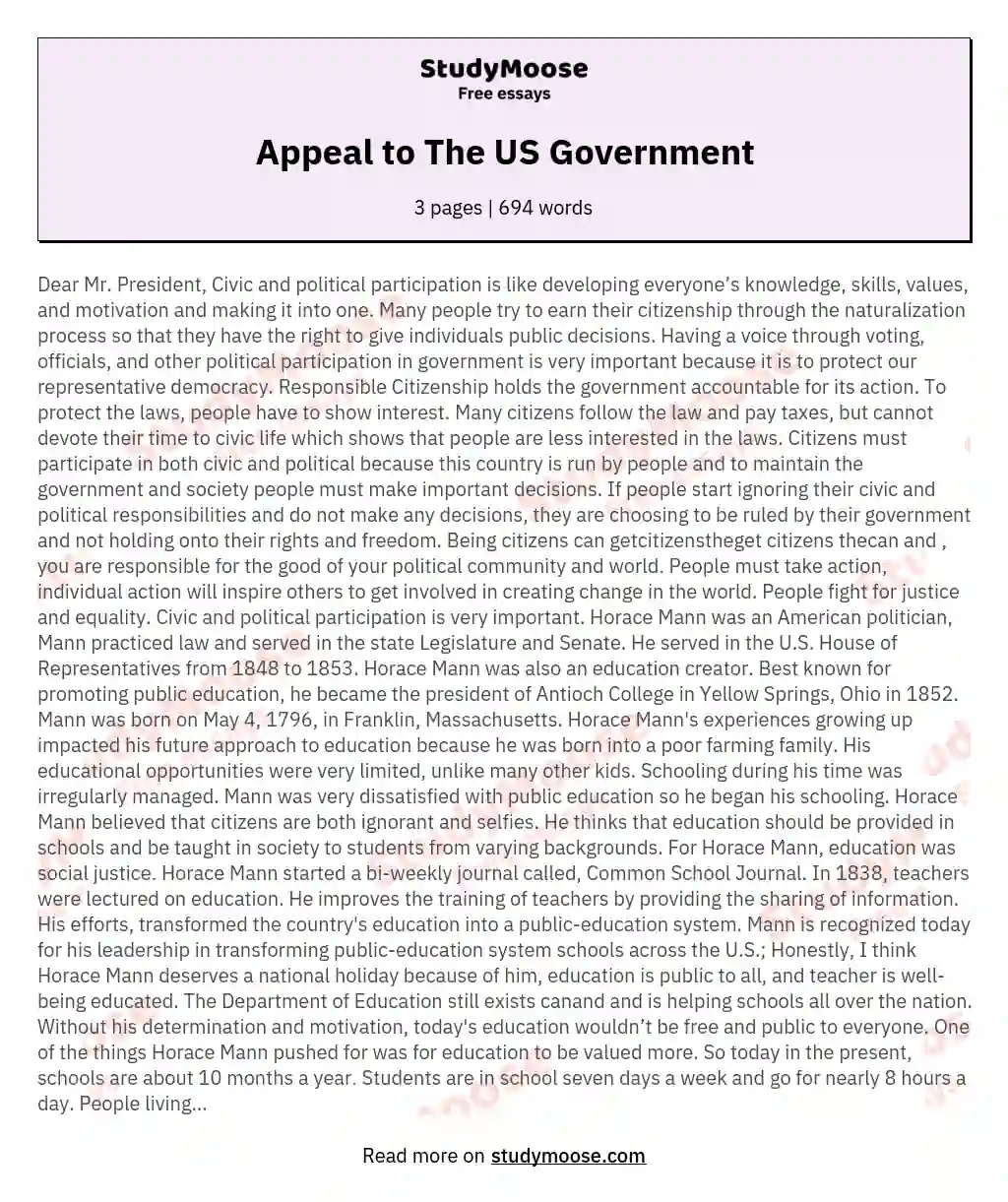 Appeal to The US Government essay