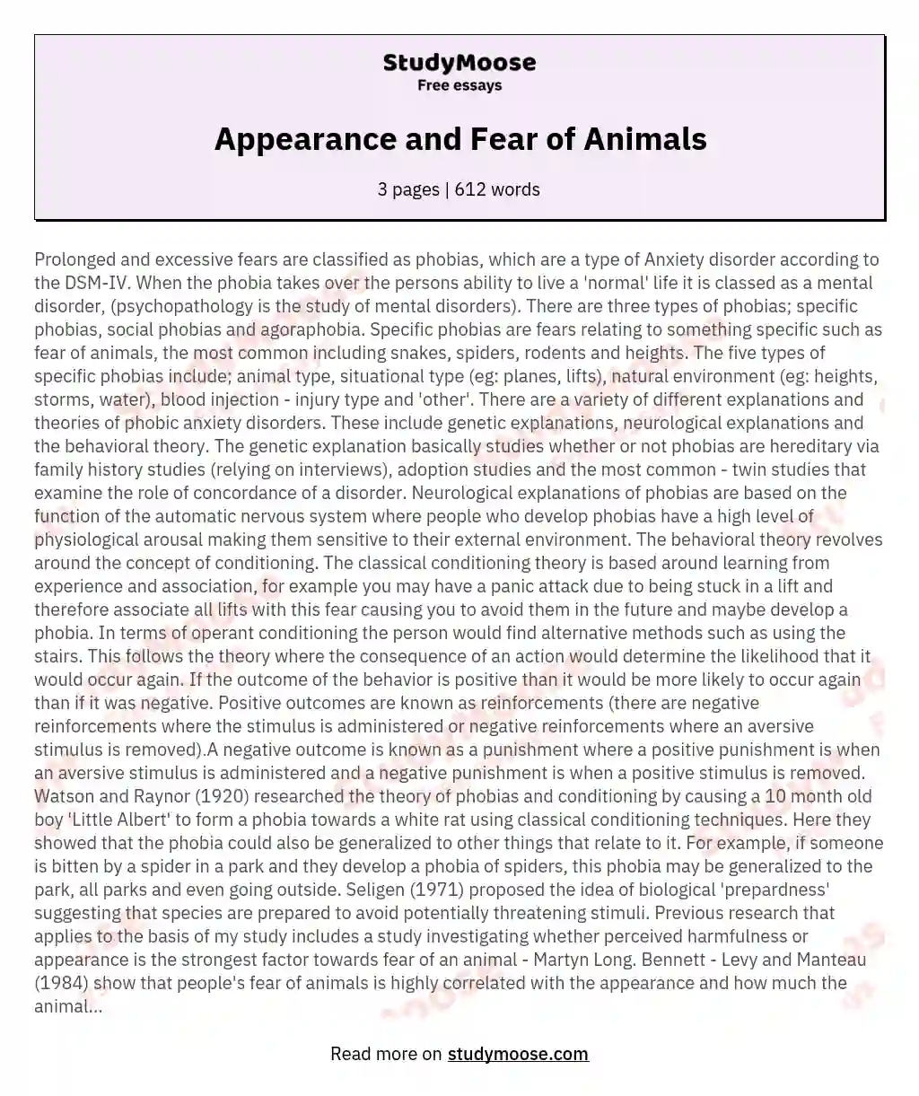 Appearance and Fear of Animals Free Essay Example