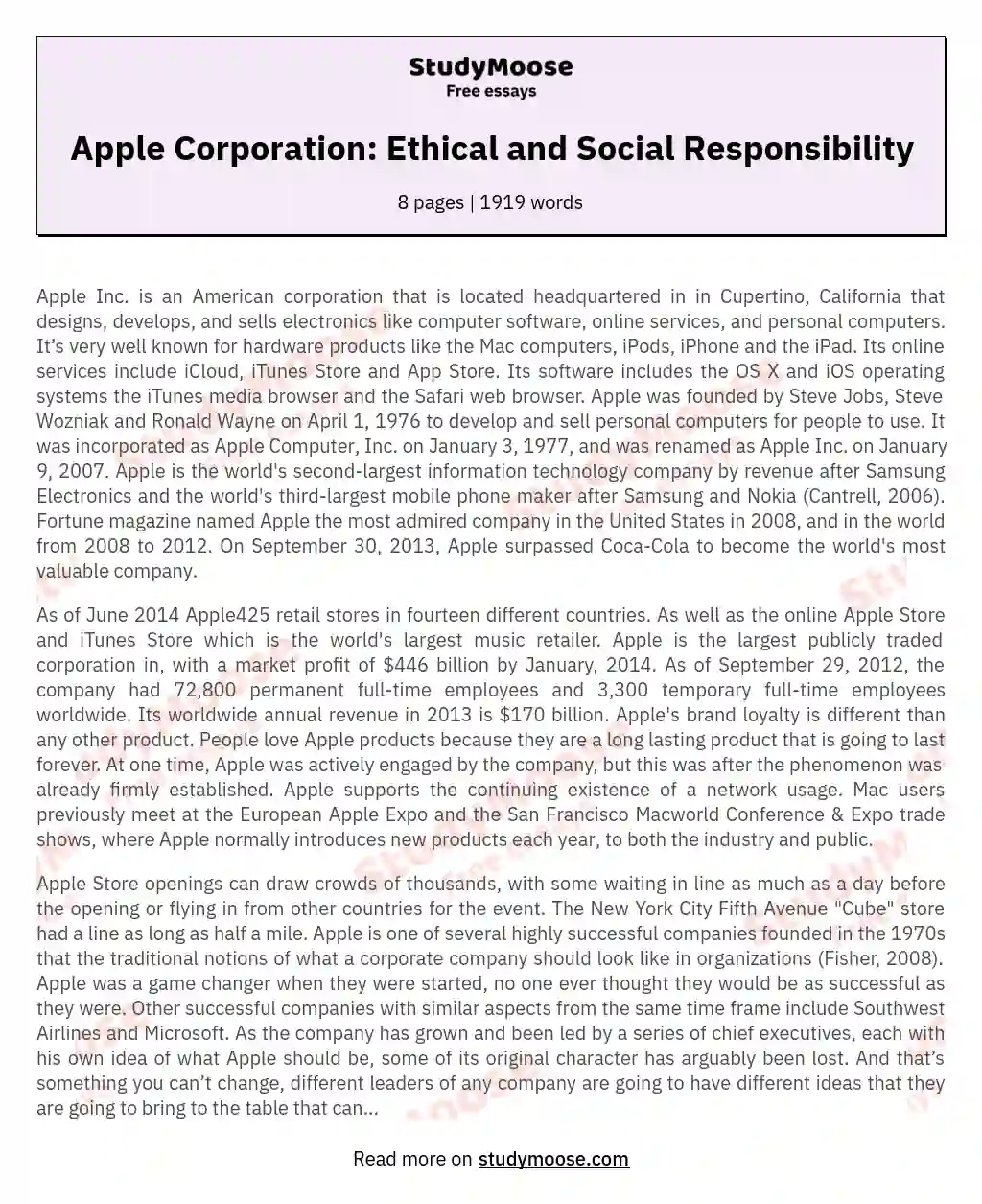 Apple Corporation: Ethical and Social Responsibility essay