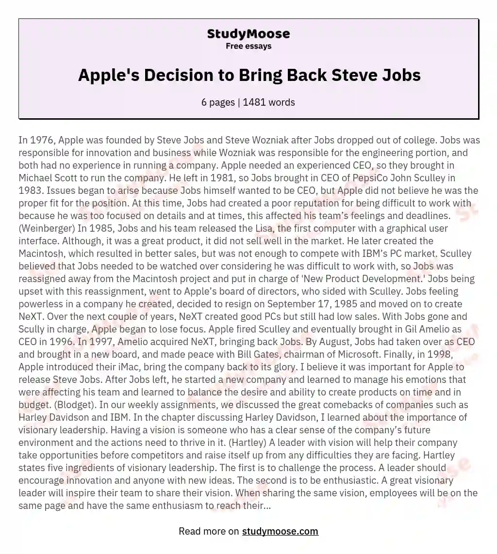 Apple's Decision to Bring Back Steve Jobs essay
