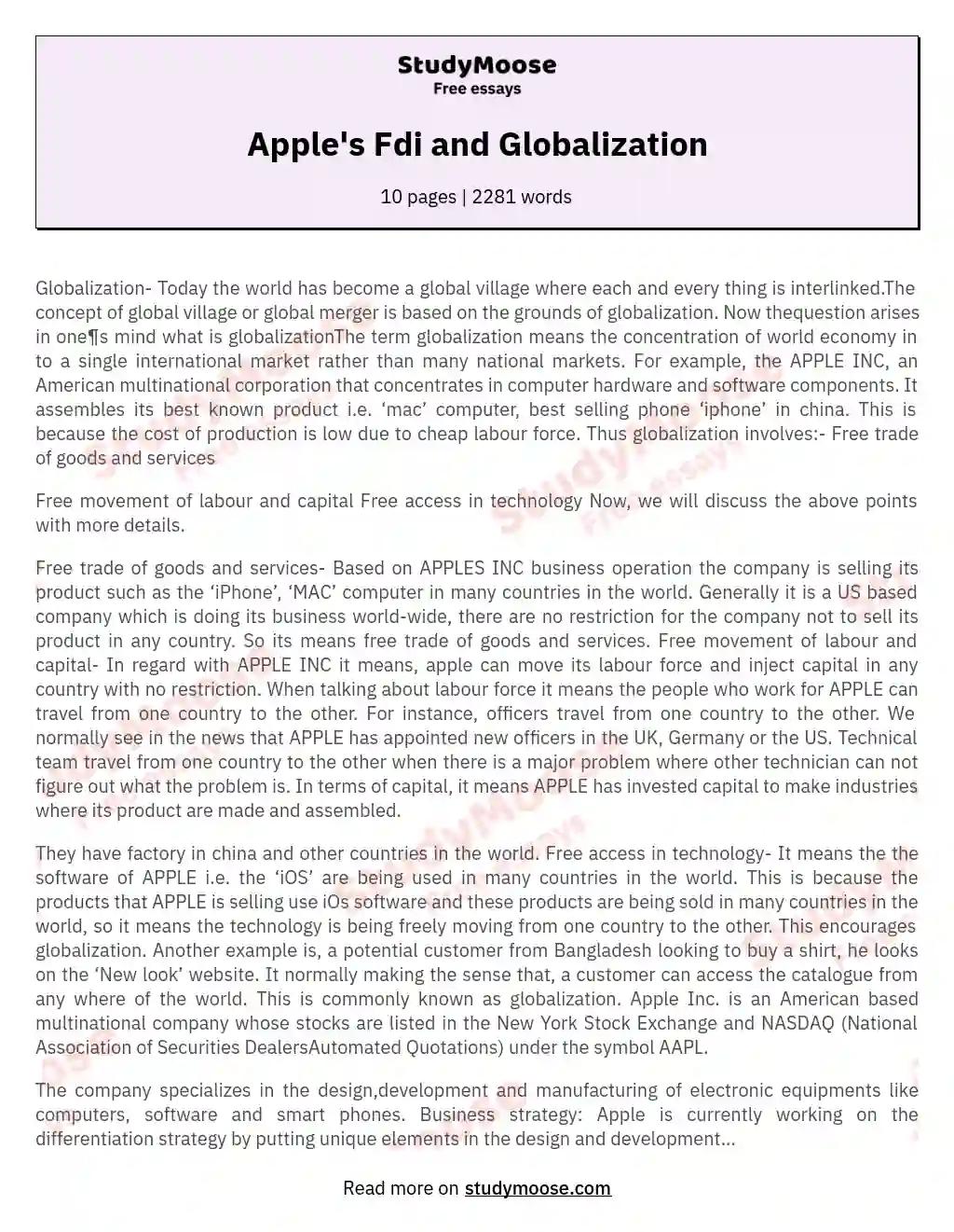 Apple's Fdi and Globalization essay