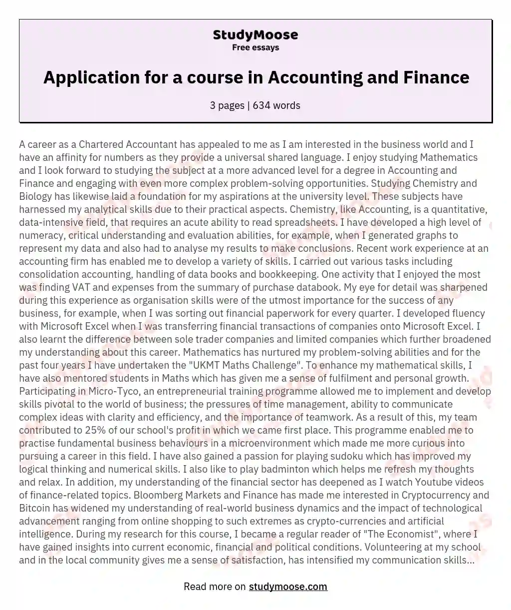 Application for a course in Accounting and Finance essay