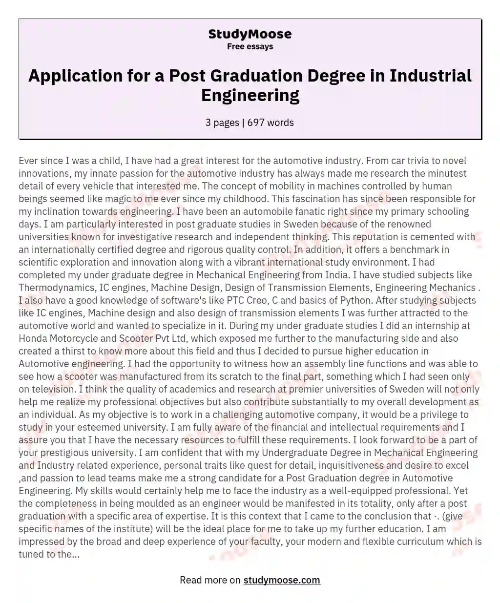 Application for a Post Graduation Degree in Industrial Engineering essay