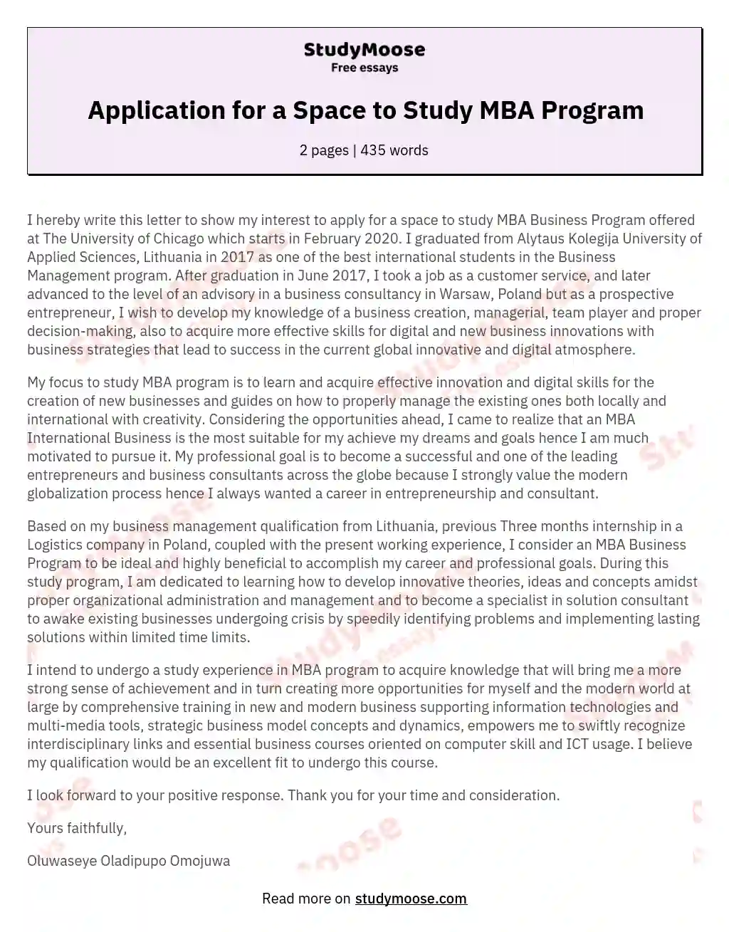 Application for a Space to Study MBA Program