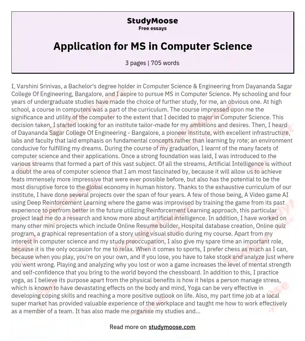 Application for MS in Computer Science essay