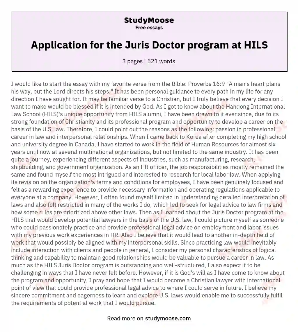 Application for the Juris Doctor program at HILS essay