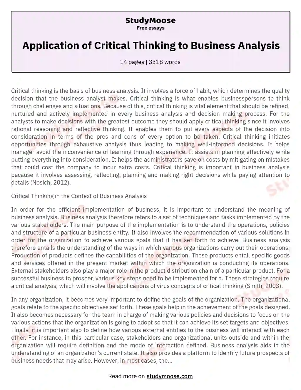 Application of Critical Thinking to Business Analysis