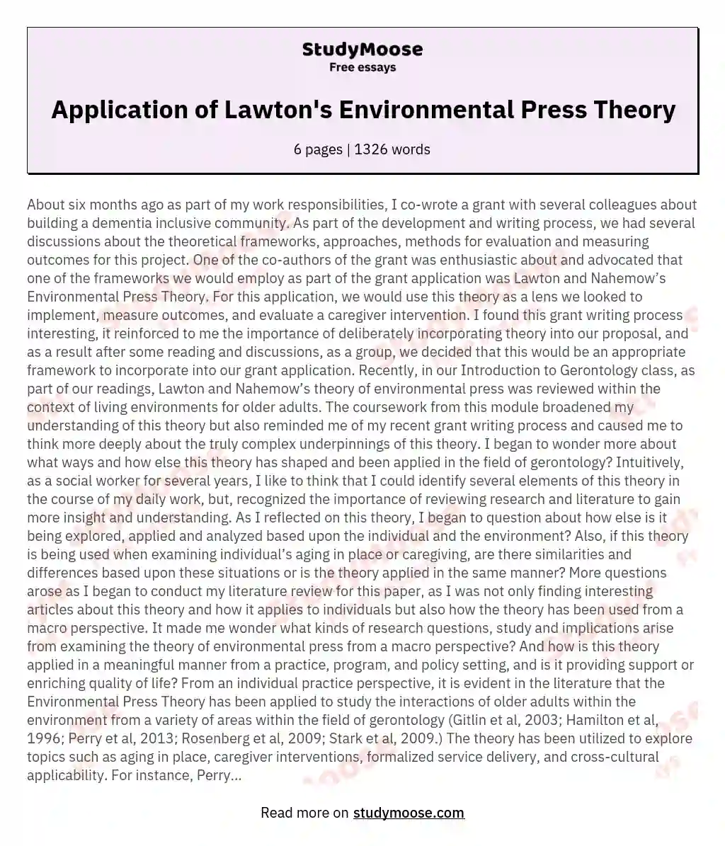 Application of Lawton's Environmental Press Theory essay