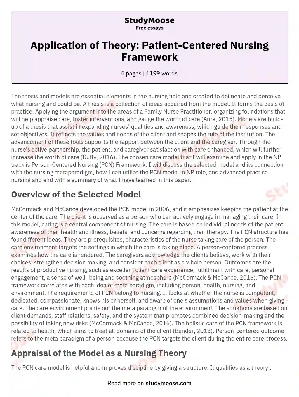 Application of Theory: Patient-Centered Nursing Framework