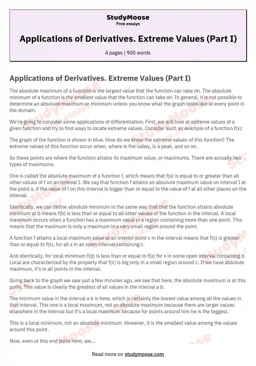 Applications of Derivatives. Extreme Values (Part I) essay