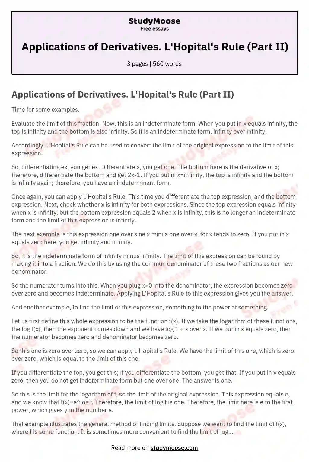 Applications of Derivatives. L'Hopital's Rule (Part II) essay