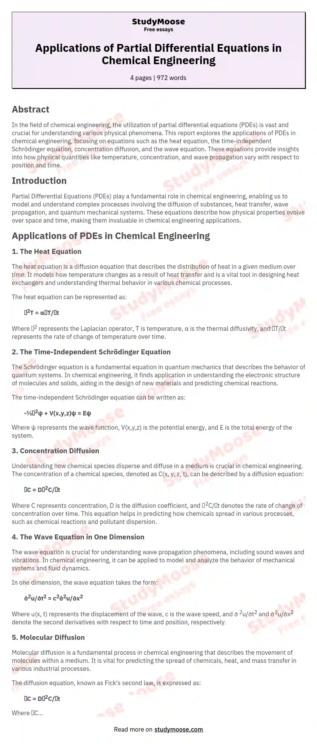 Applications of Partial Differential Equations in Chemical Engineering essay