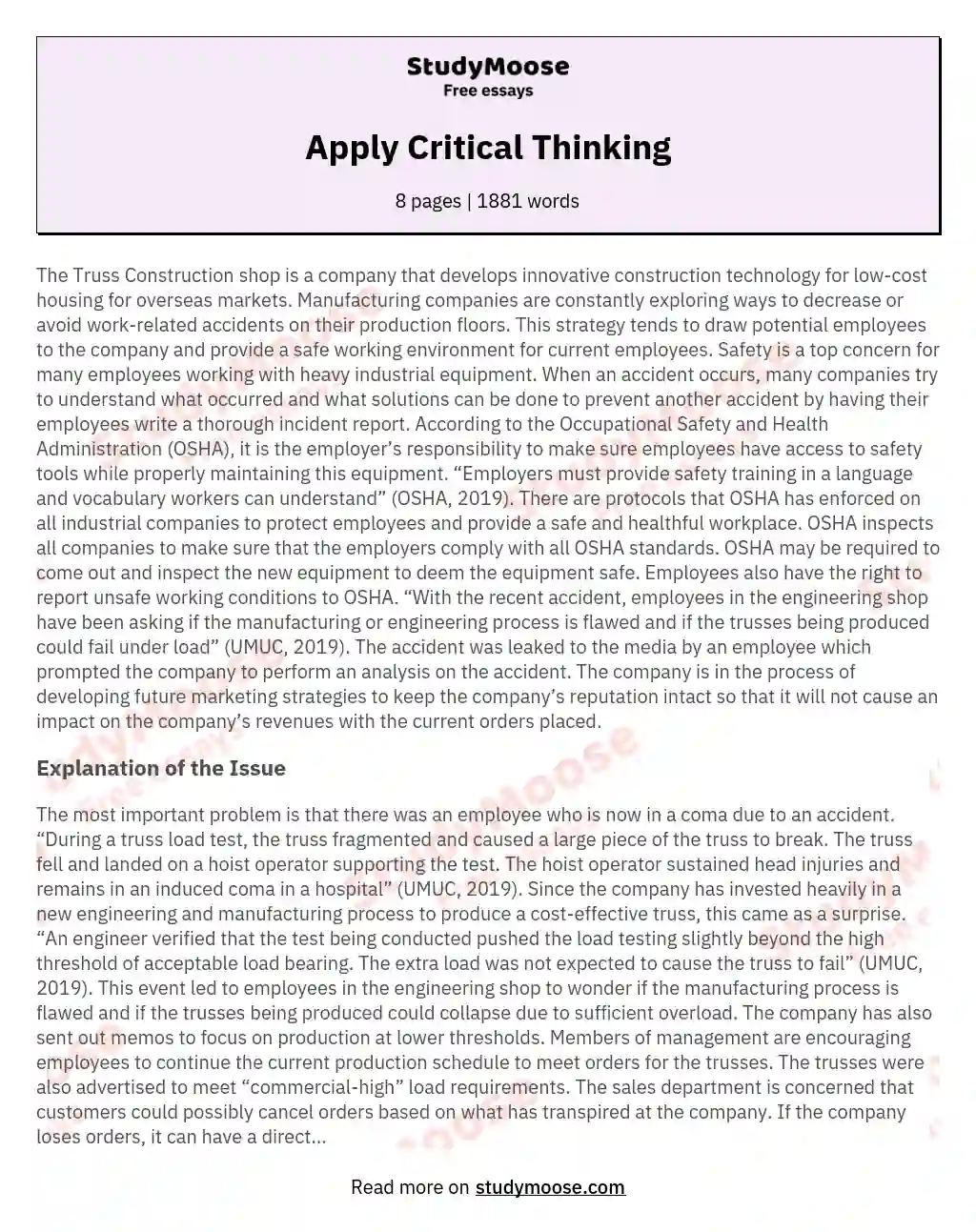 Apply Critical Thinking essay