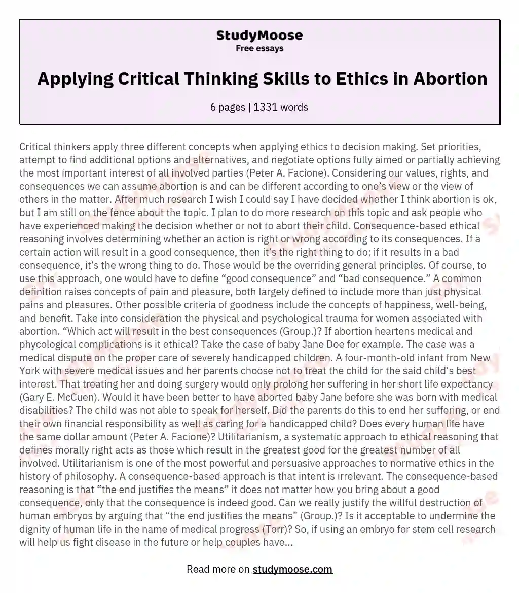  Applying Critical Thinking Skills to Ethics in Abortion essay
