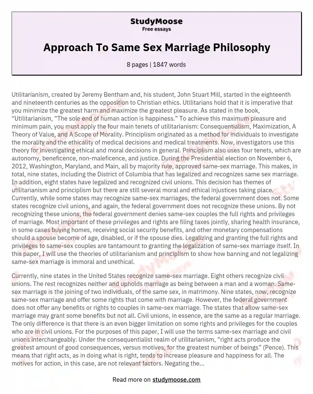 Approach To Same Sex Marriage Philosophy