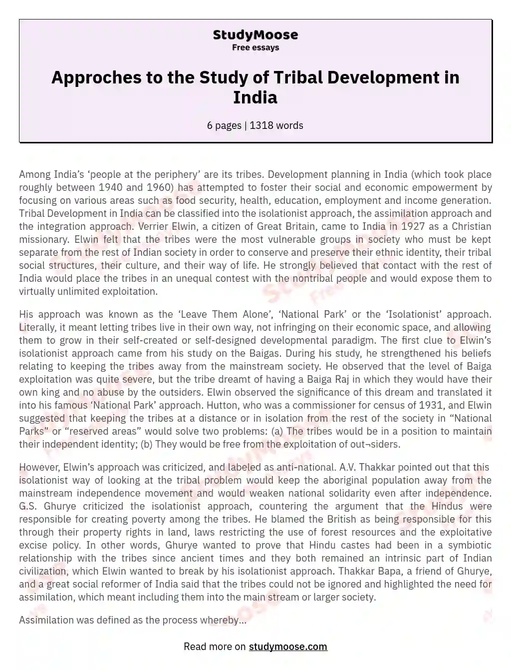 Approches to the Study of Tribal Development in India essay