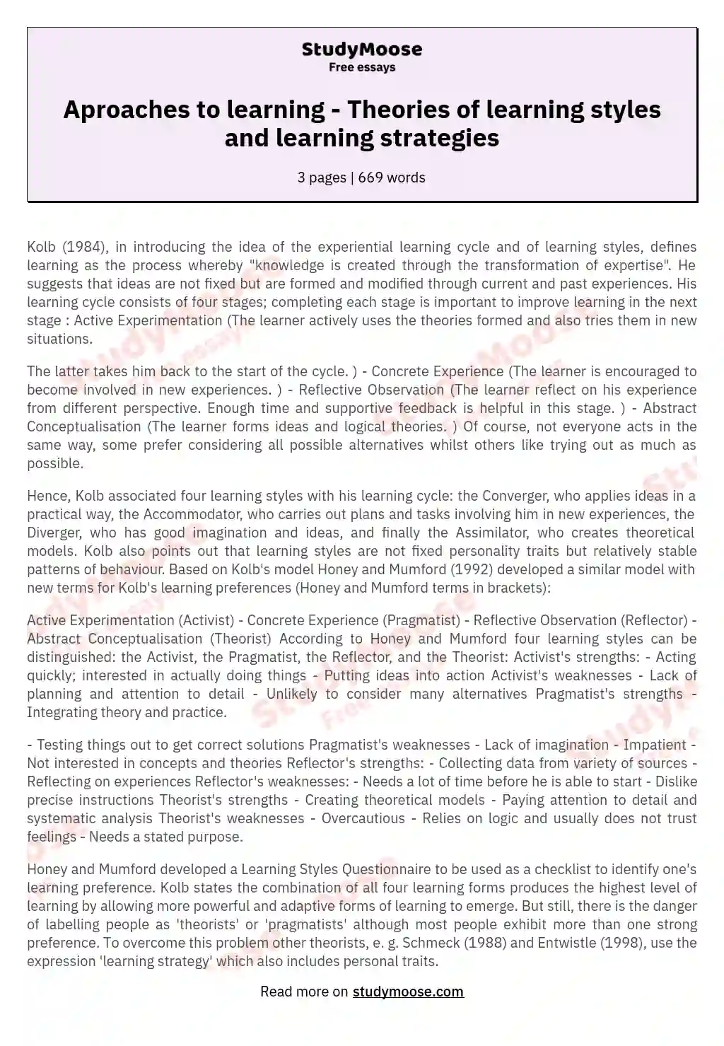 Aproaches to learning - Theories of learning styles and learning strategies essay