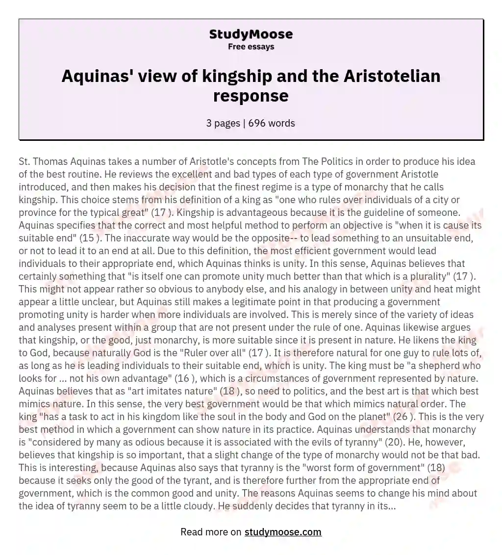 Aquinas' view of kingship and the Aristotelian response