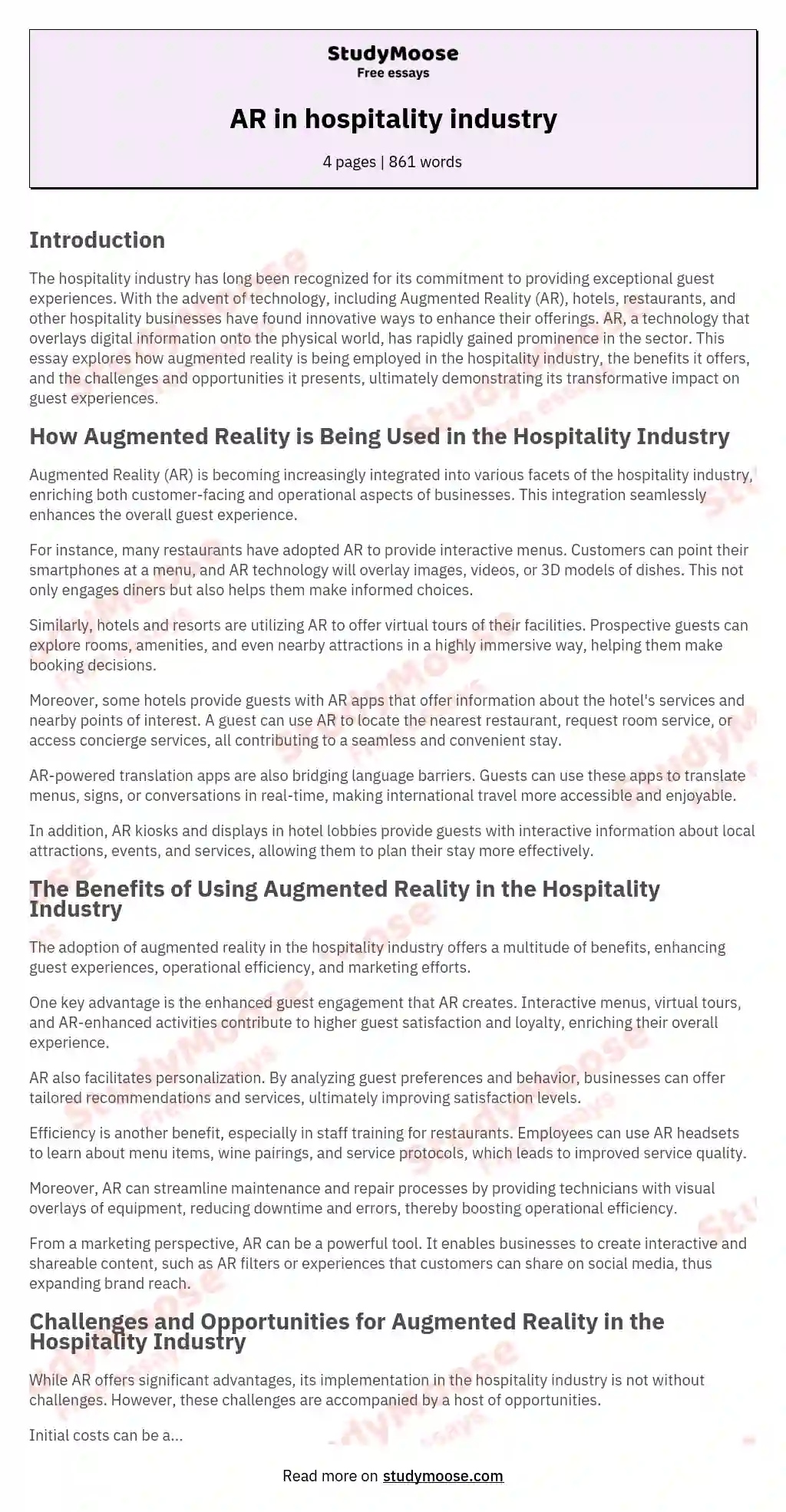 AR in hospitality industry essay