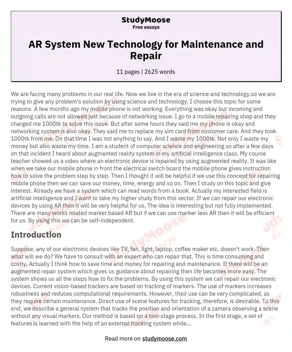 AR System New Technology for Maintenance and Repair essay