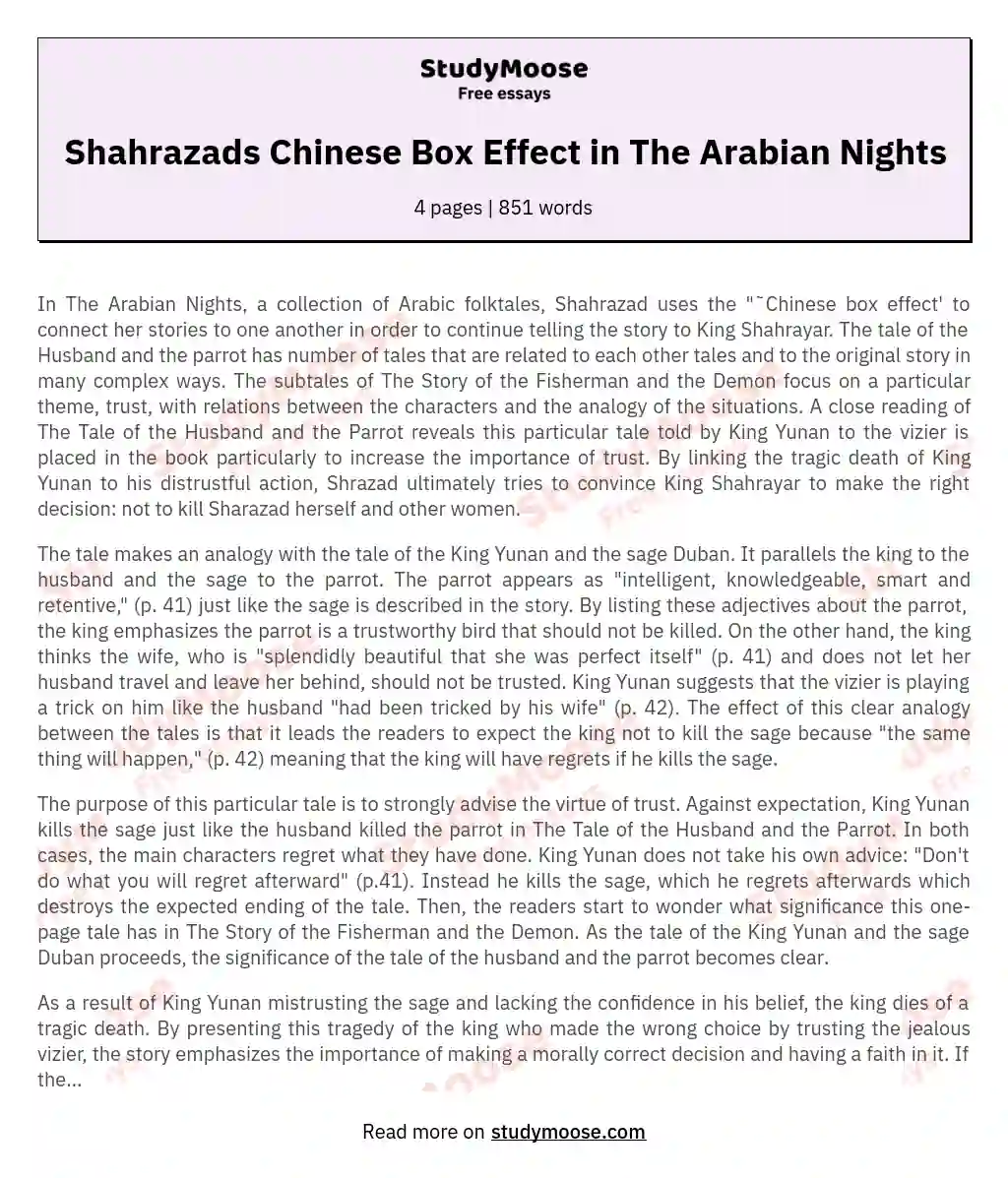 Shahrazads Chinese Box Effect in The Arabian Nights essay