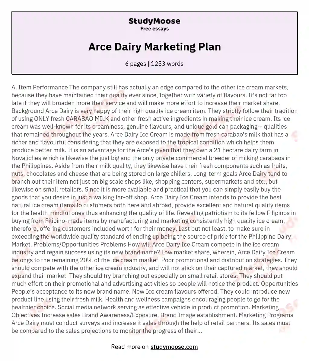 Arce Dairy Marketing Plan essay