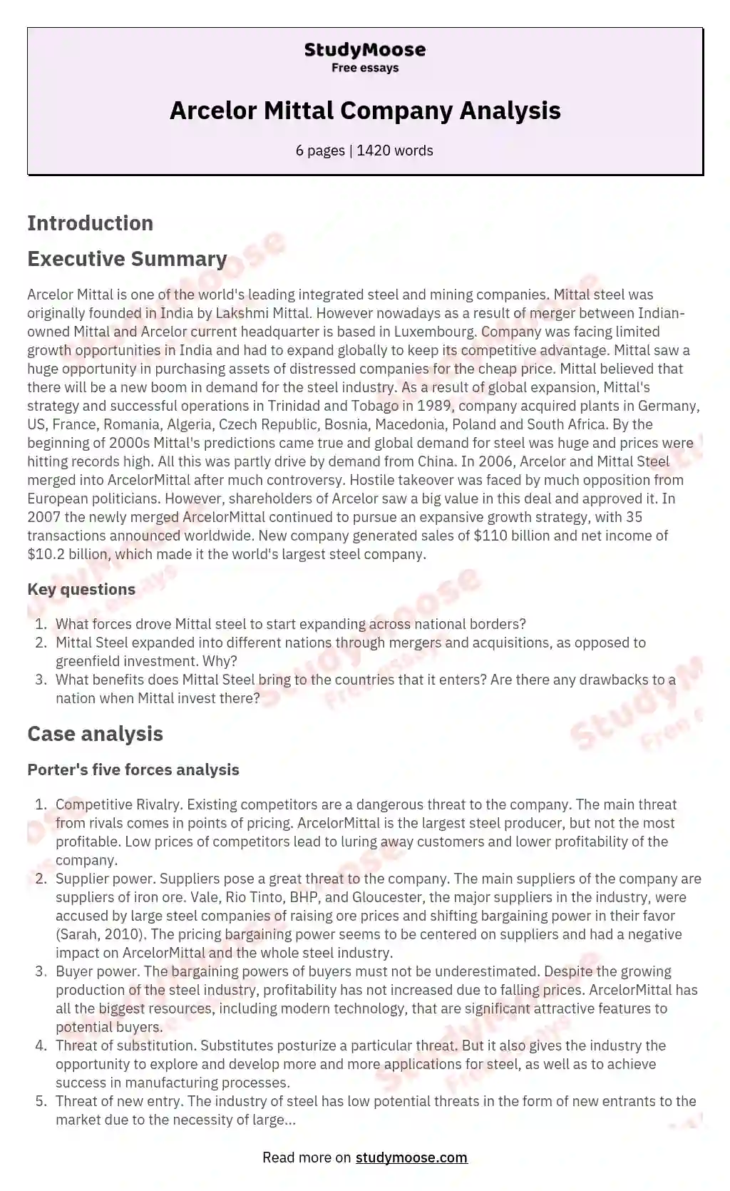 Arcelor Mittal Company Analysis essay
