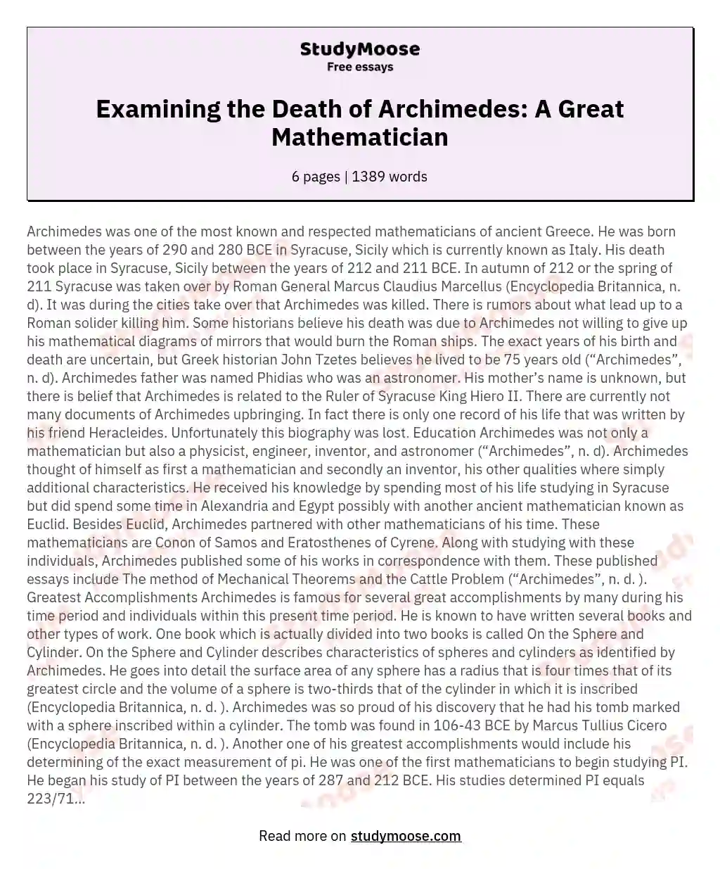 Archimedes: Mastermind of Mathematics and Ingenious Inventor essay