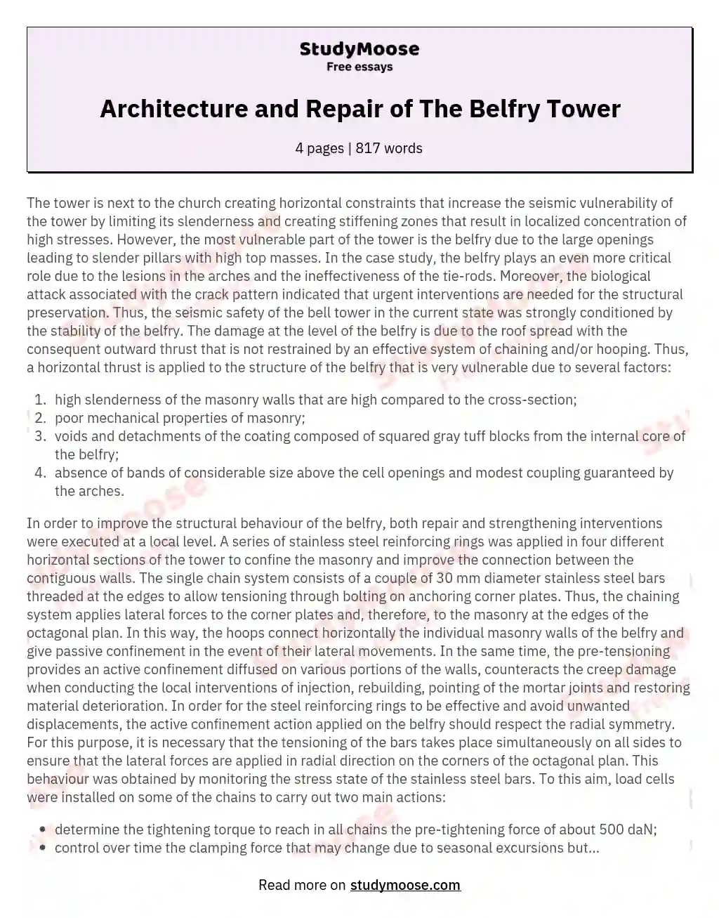 Architecture and Repair of The Belfry Tower essay