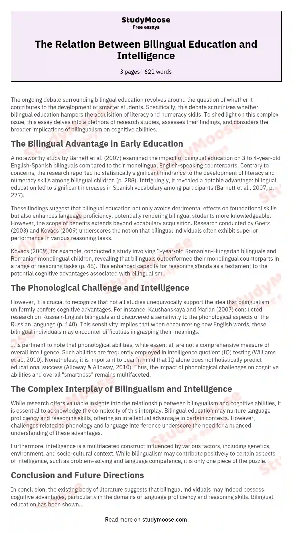 The Relation Between Bilingual Education and Intelligence essay