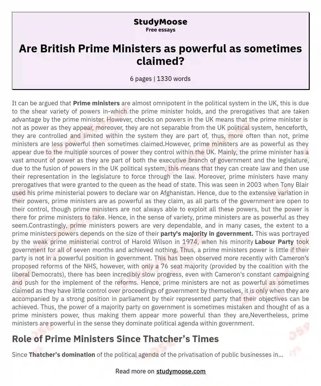 Are British Prime Ministers as powerful as sometimes claimed? essay