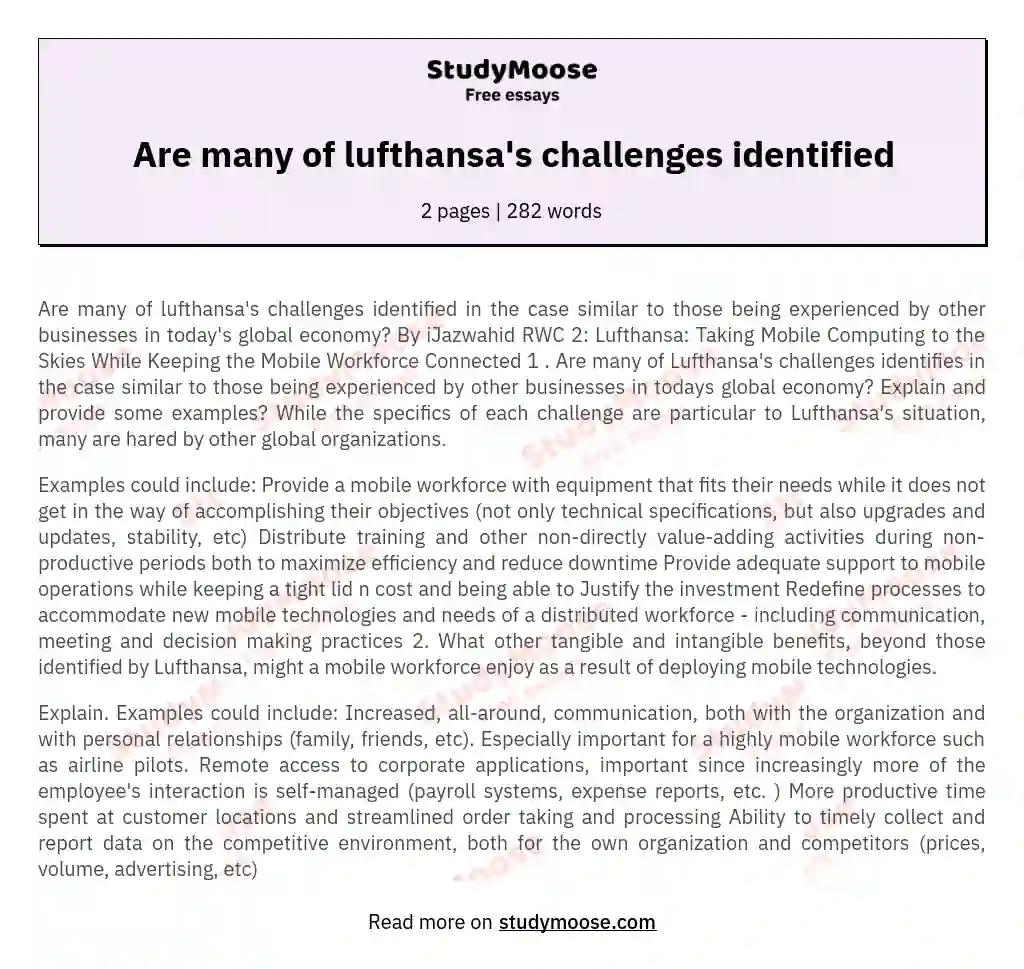 Are many of lufthansa's challenges identified essay
