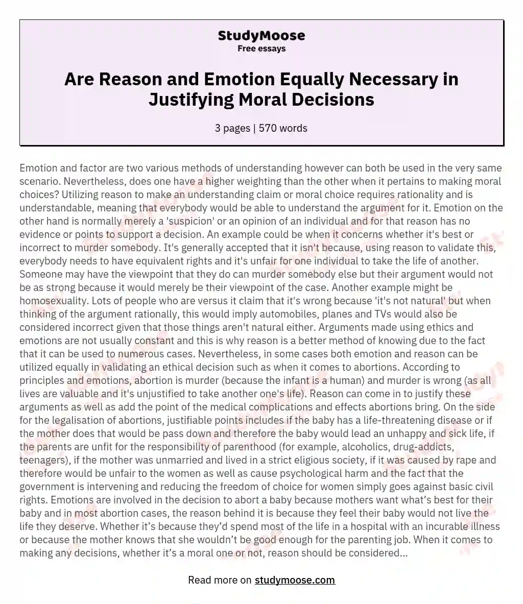Are Reason and Emotion Equally Necessary in Justifying Moral Decisions essay