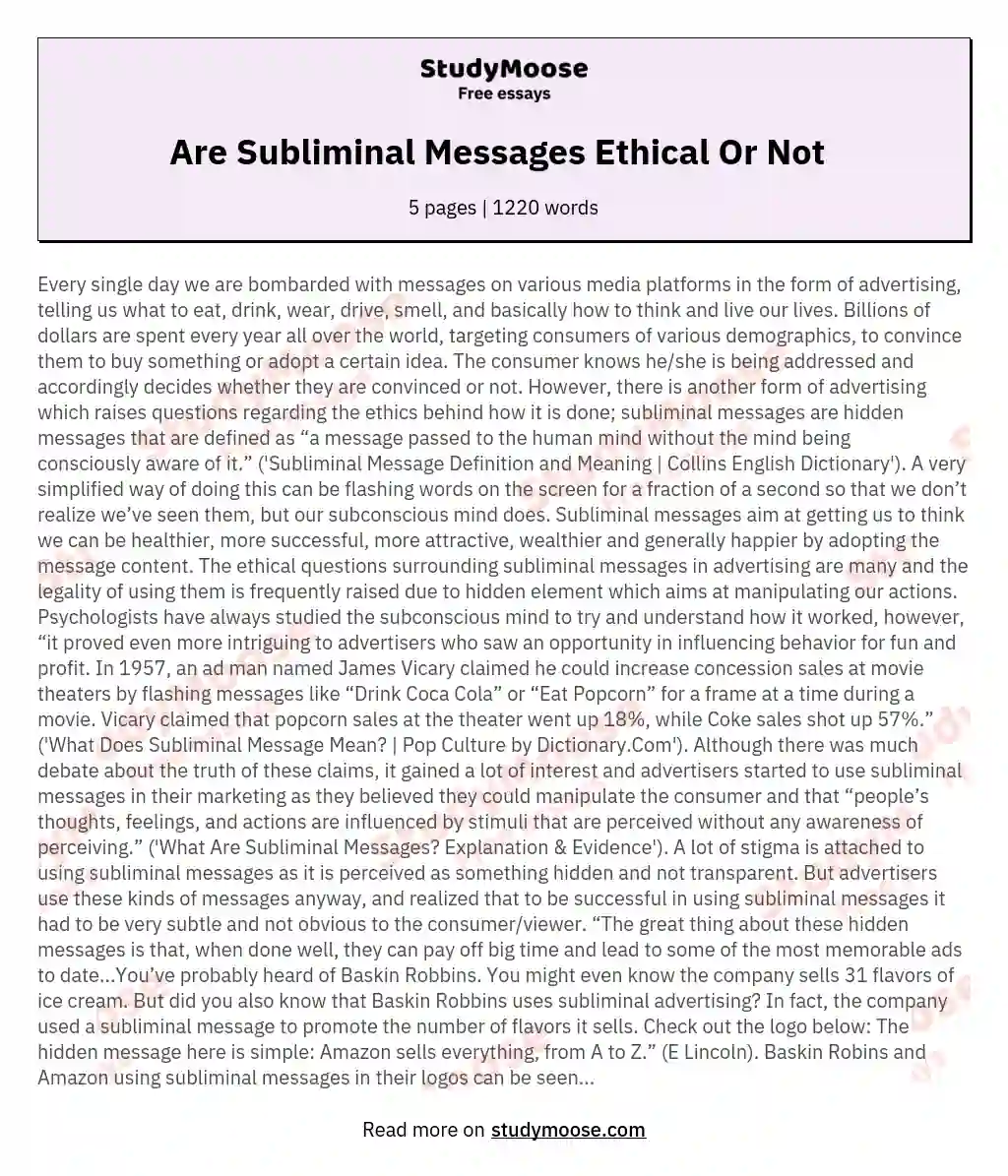 Are Subliminal Messages Ethical Or Not   essay