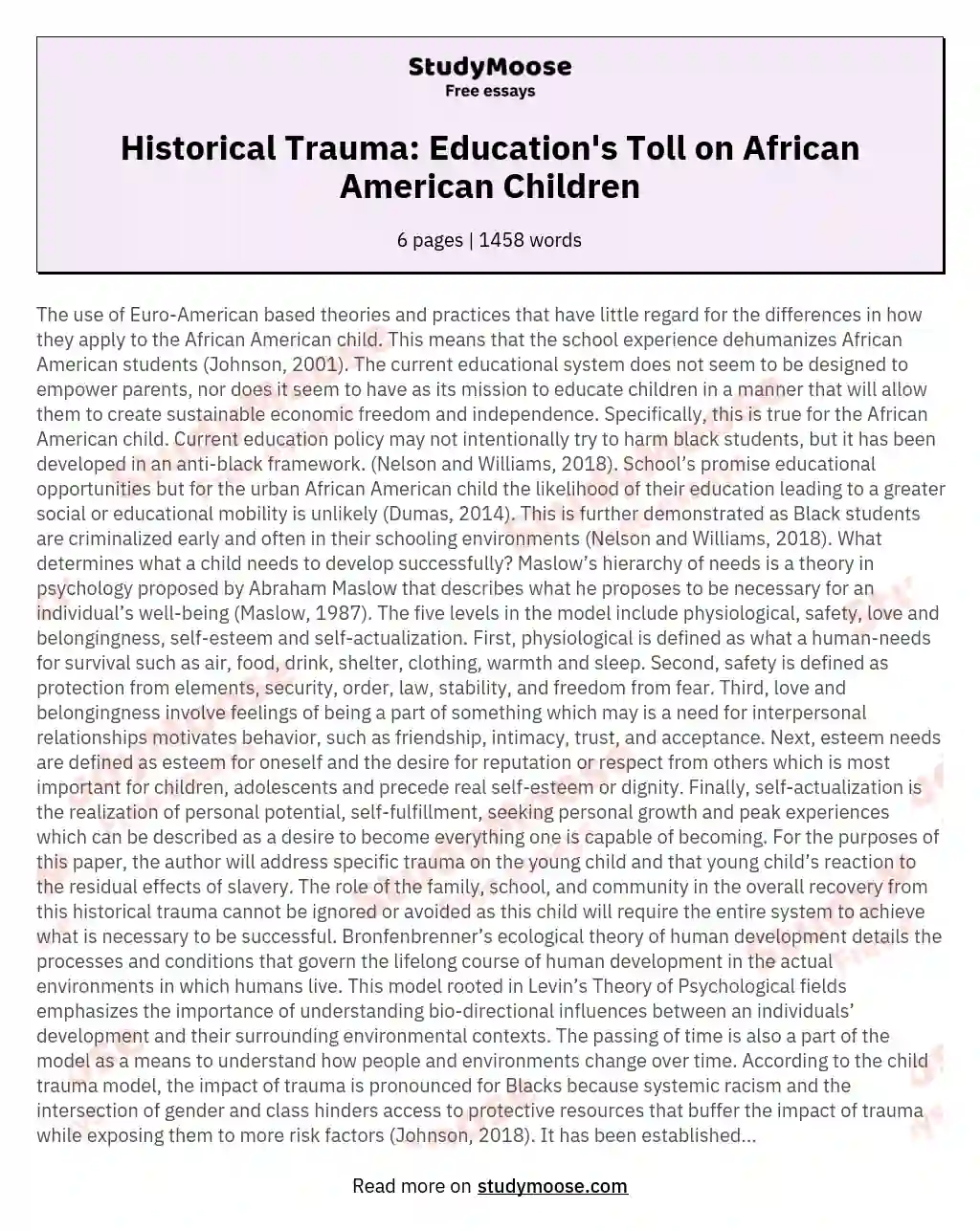 Historical Trauma: Education's Toll on African American Children essay