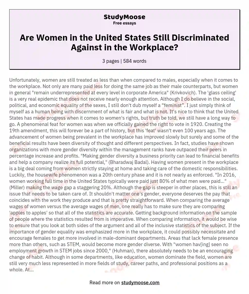 Are Women in the United States Still Discriminated Against in the Workplace? essay