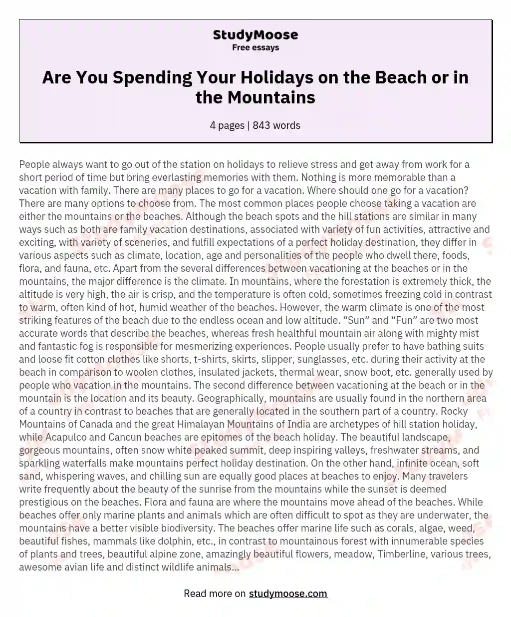 Are You Spending Your Holidays on the Beach or in the Mountains essay