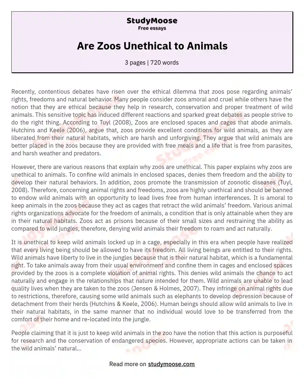 Are Zoos Unethical to Animals essay