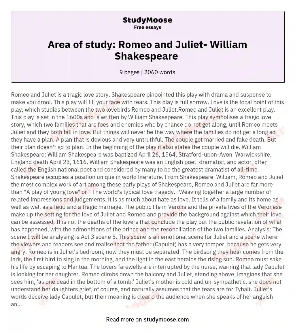Area of study: Romeo and Juliet- William Shakespeare  essay