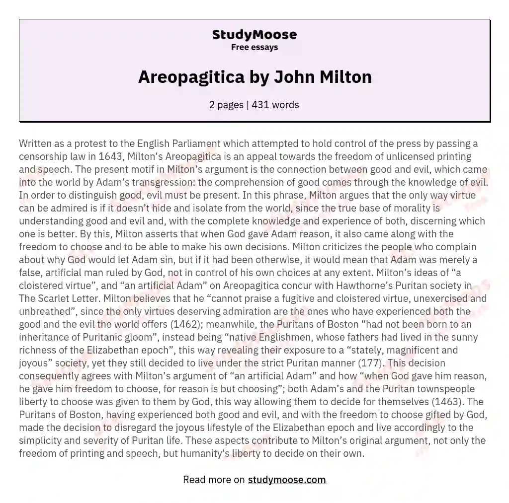Areopagitica by John Milton essay