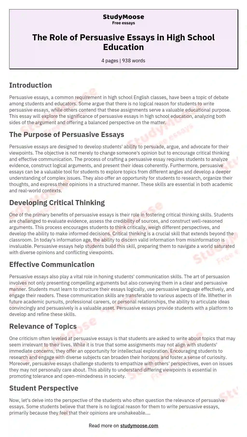 The Role of Persuasive Essays in High School Education essay