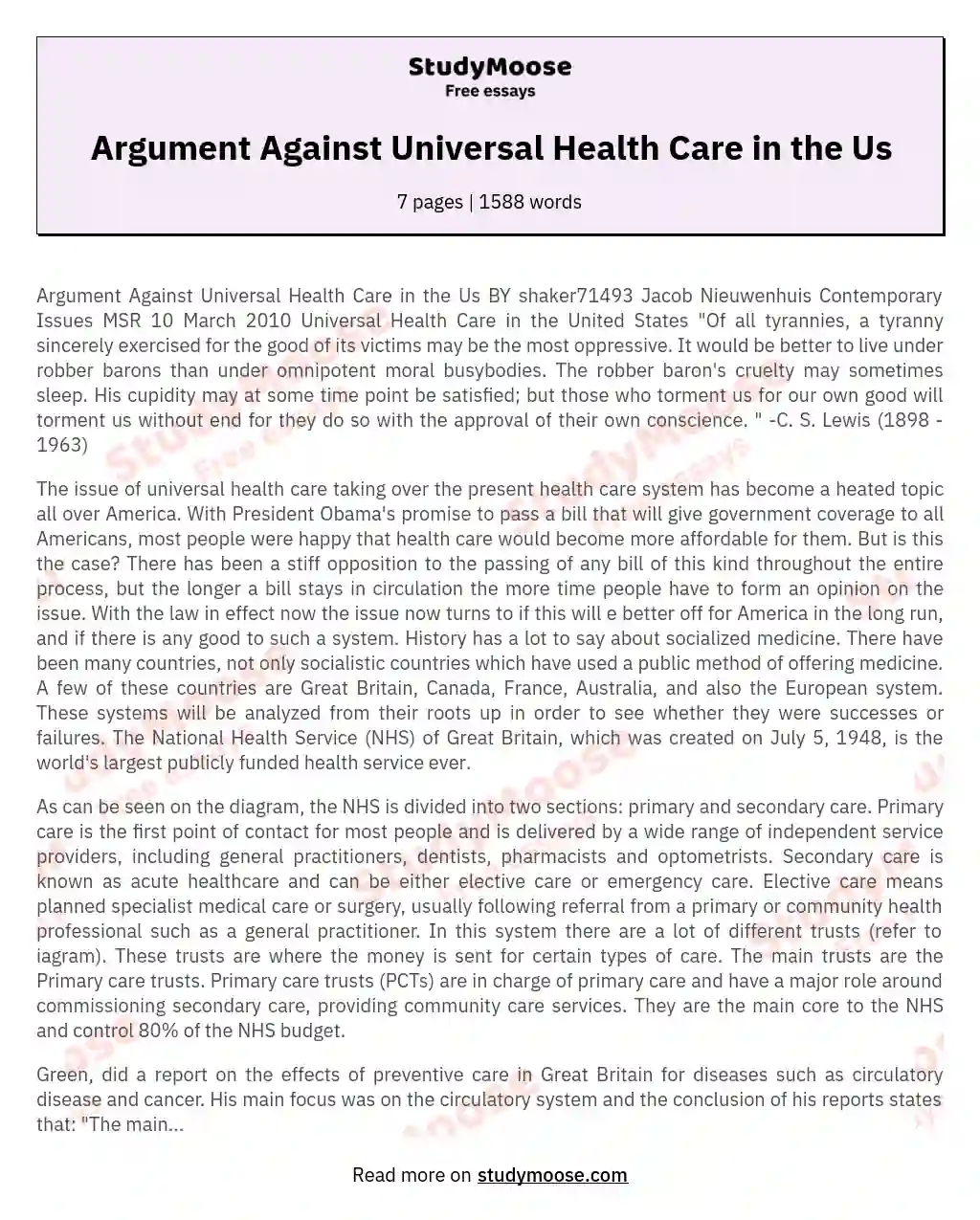 Argument Against Universal Health Care in the Us essay