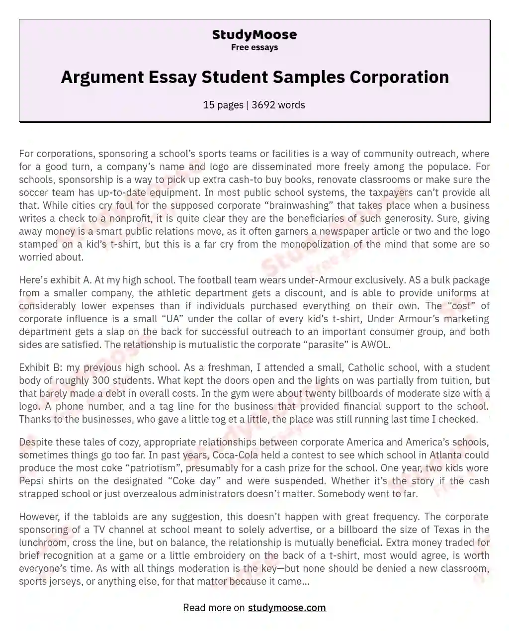 Argument Essay Student Samples Corporation essay