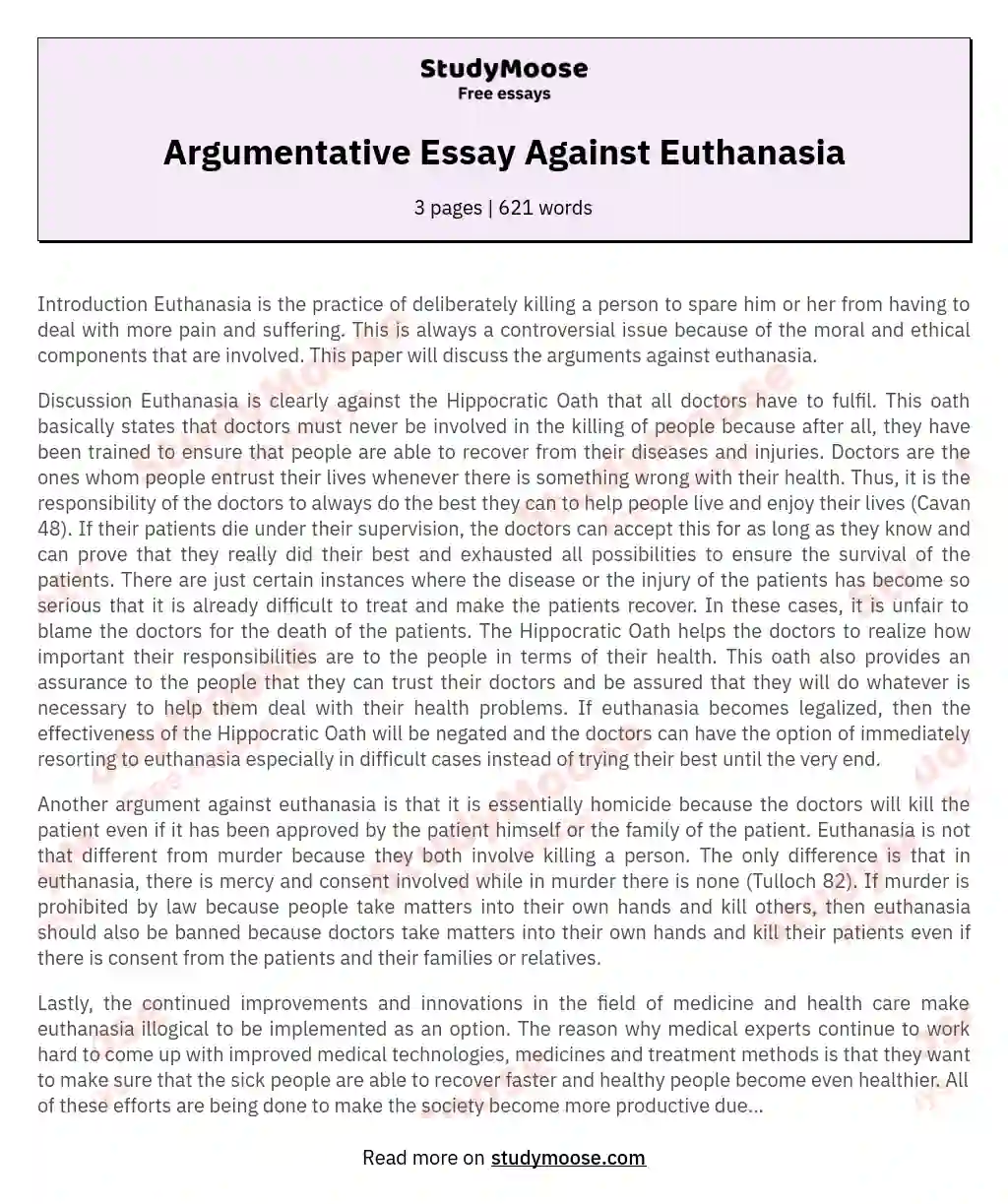 Argumentative Essay Against Euthanasia essay