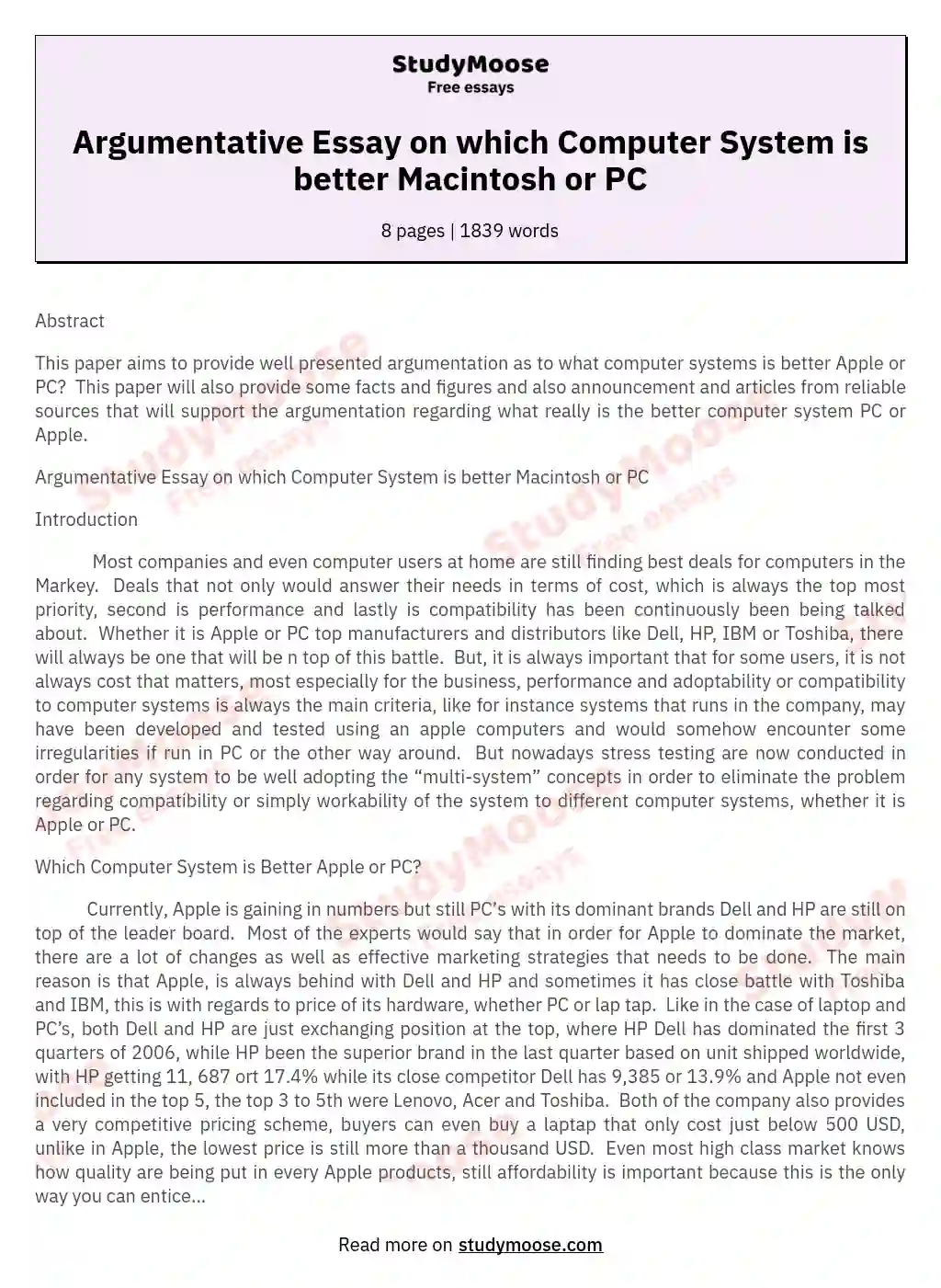 Argumentative Essay on which Computer System is better Macintosh or PC essay