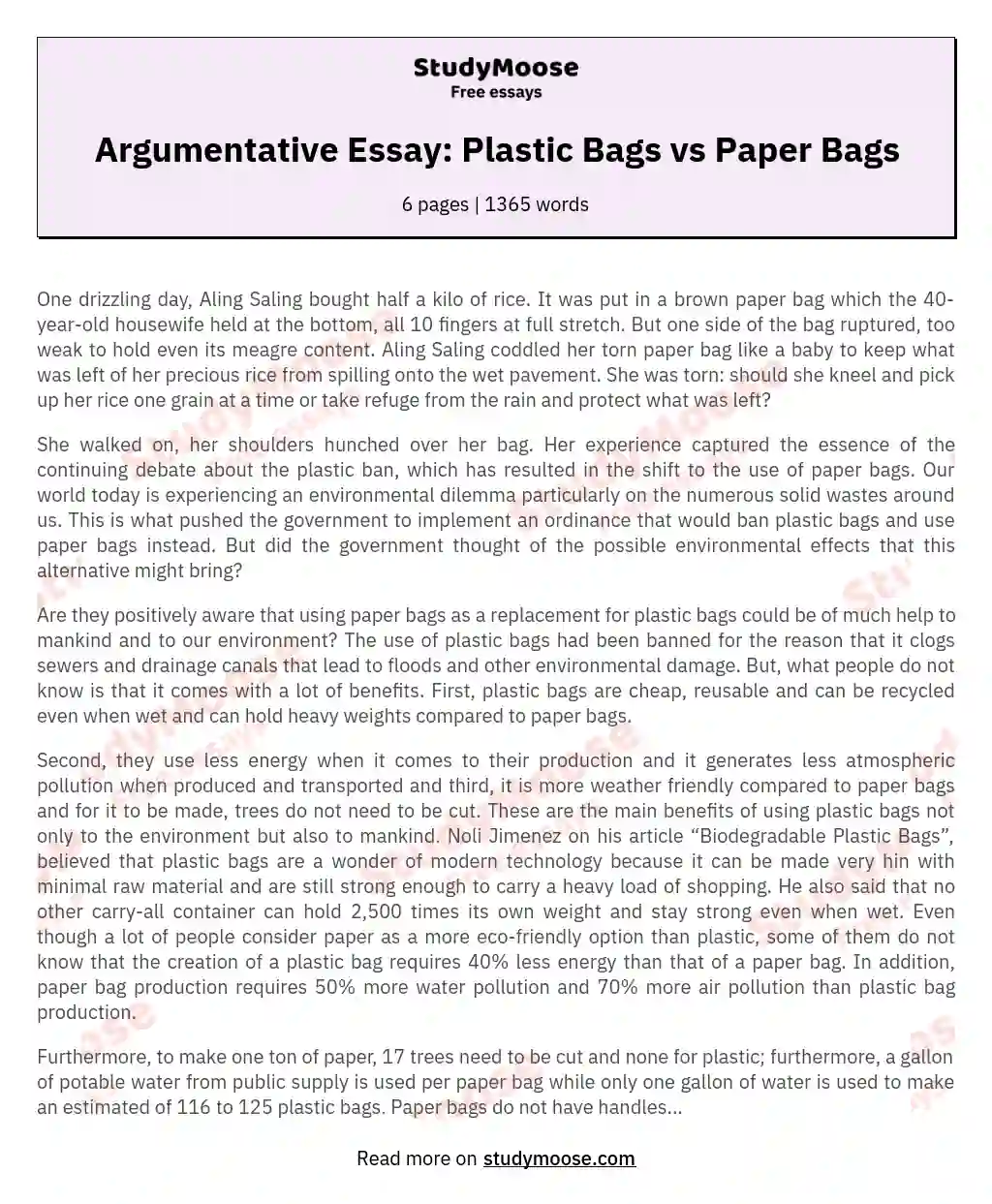 Argumentative Essay: Plastic Bags vs Paper Bags essay