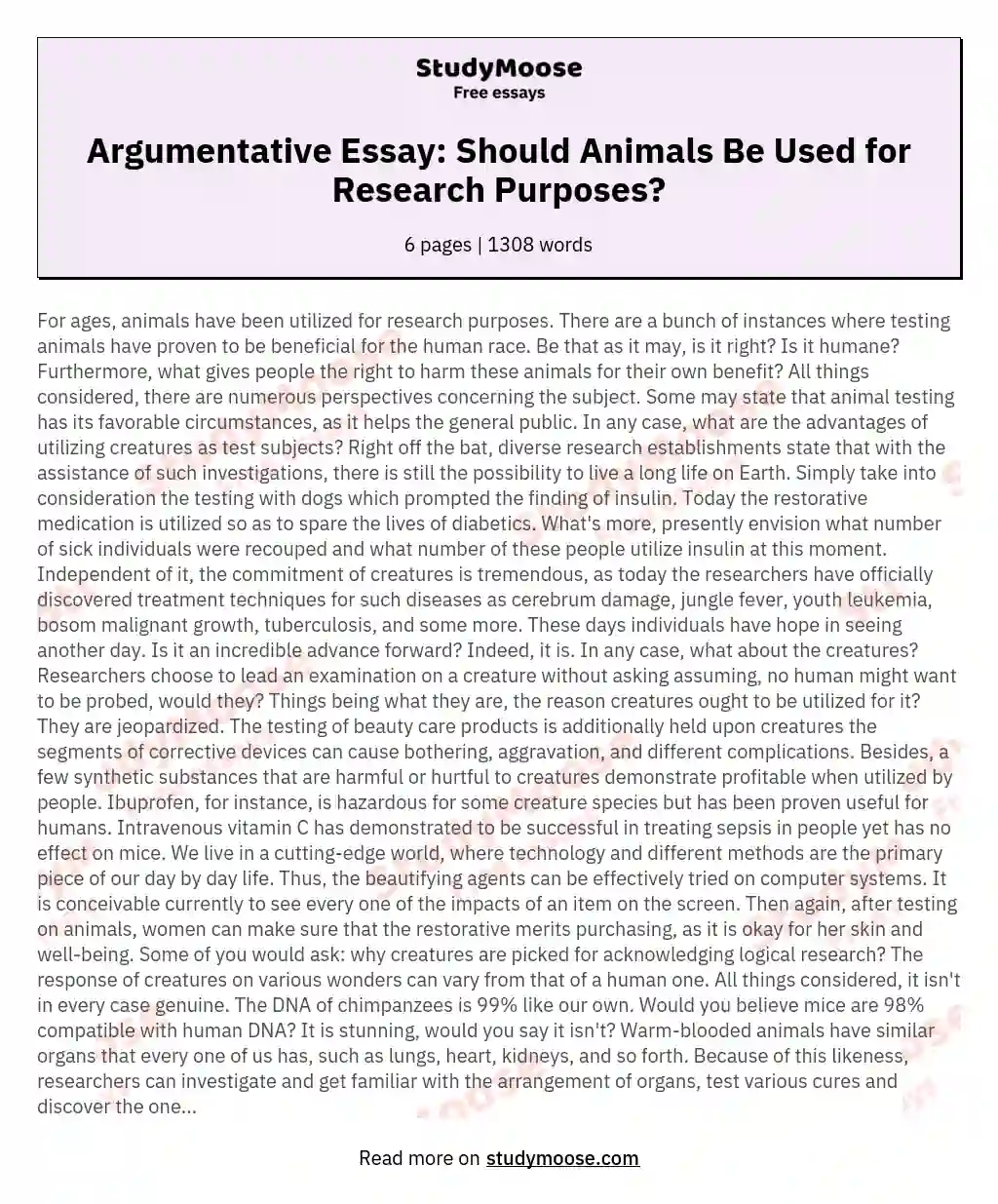 Argumentative Essay: Should Animals Be Used for Research Purposes?