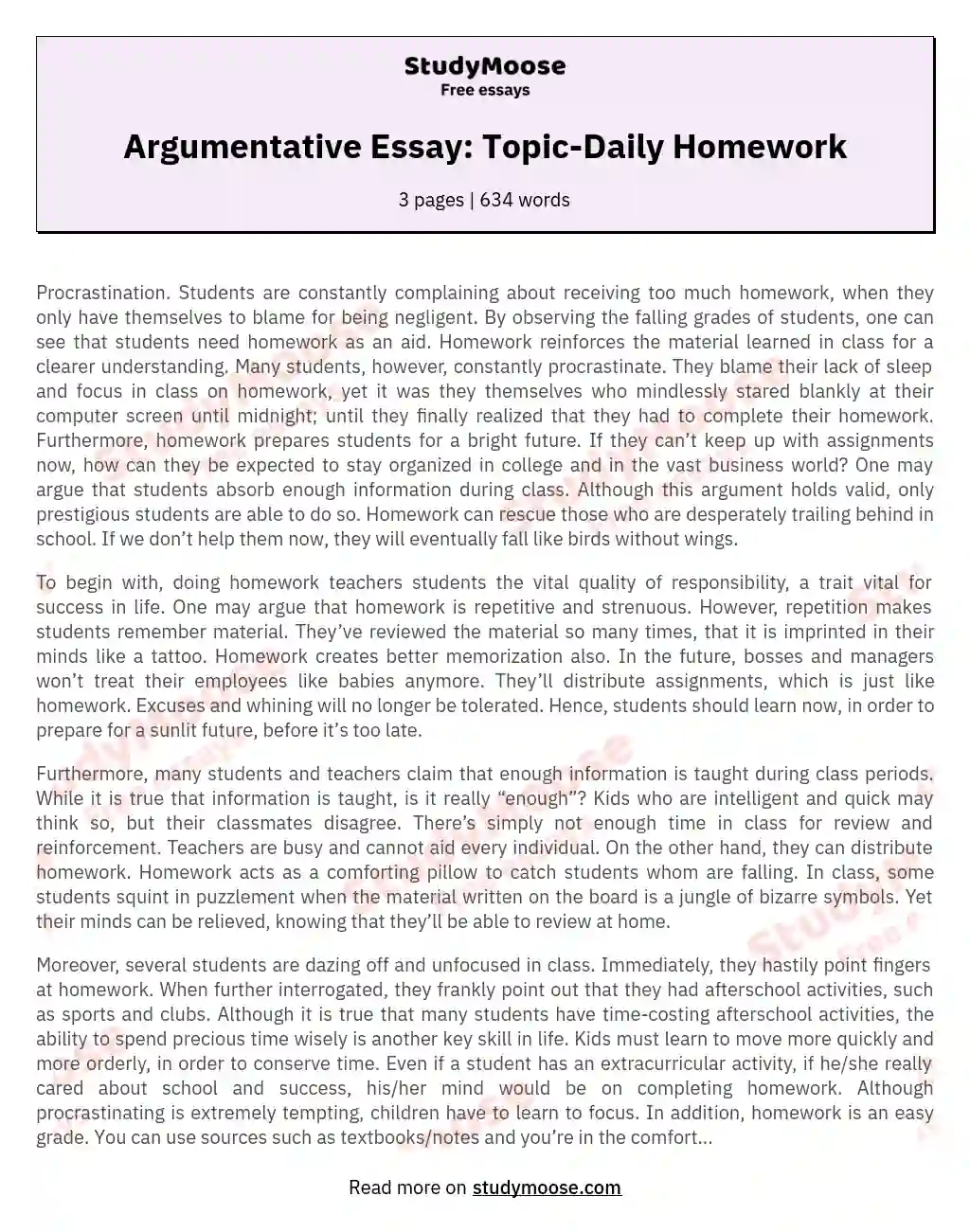 Argumentative Essay: Topic-Daily Homework essay