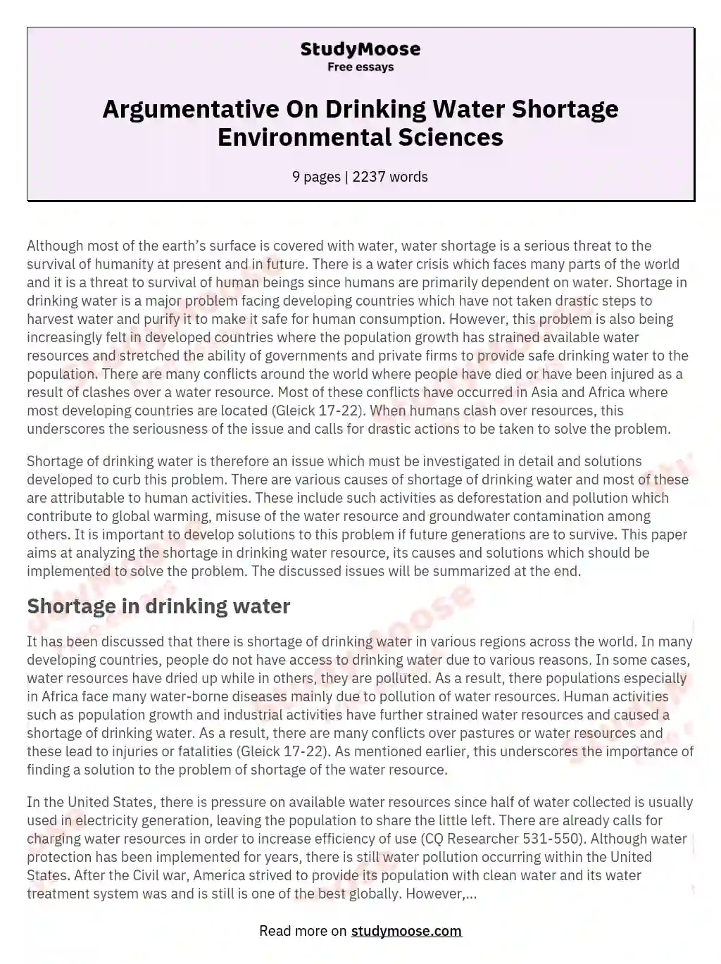 Argumentative  On Drinking Water Shortage Environmental Sciences
