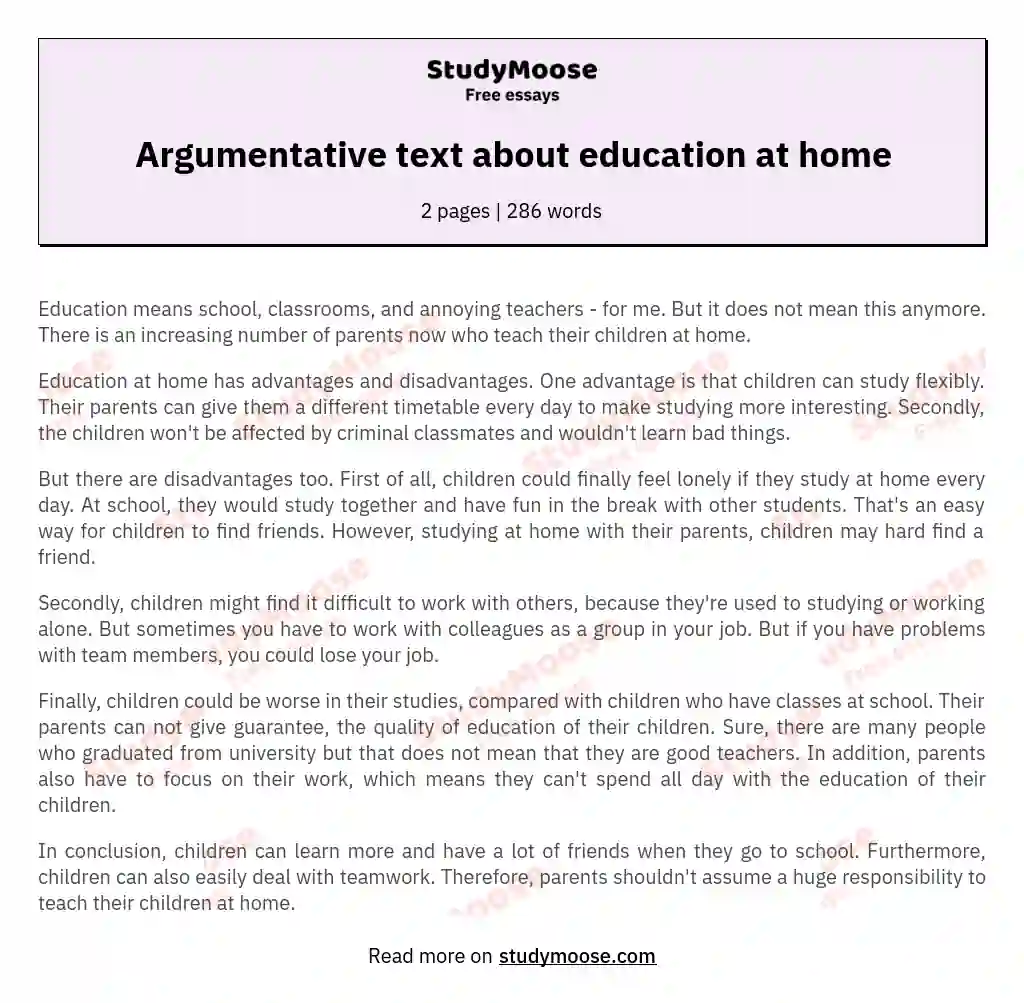 Argumentative text about education at home essay